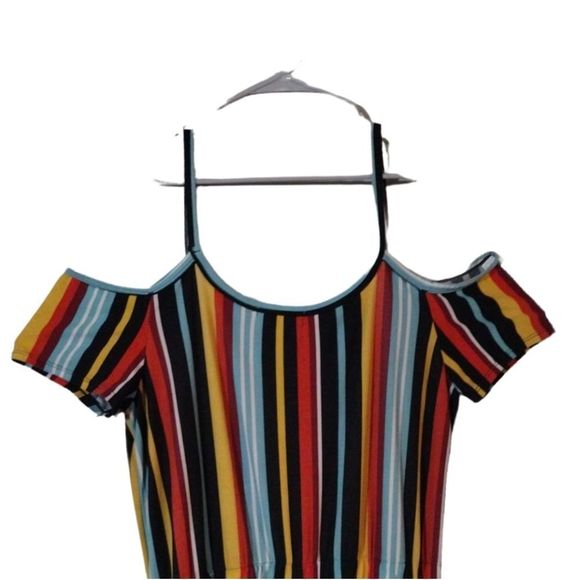 Cold Shoulder Maxi Romper Shorts Spaghetti Straps Button Down Stripes Size 1X - Picture 10 of 13